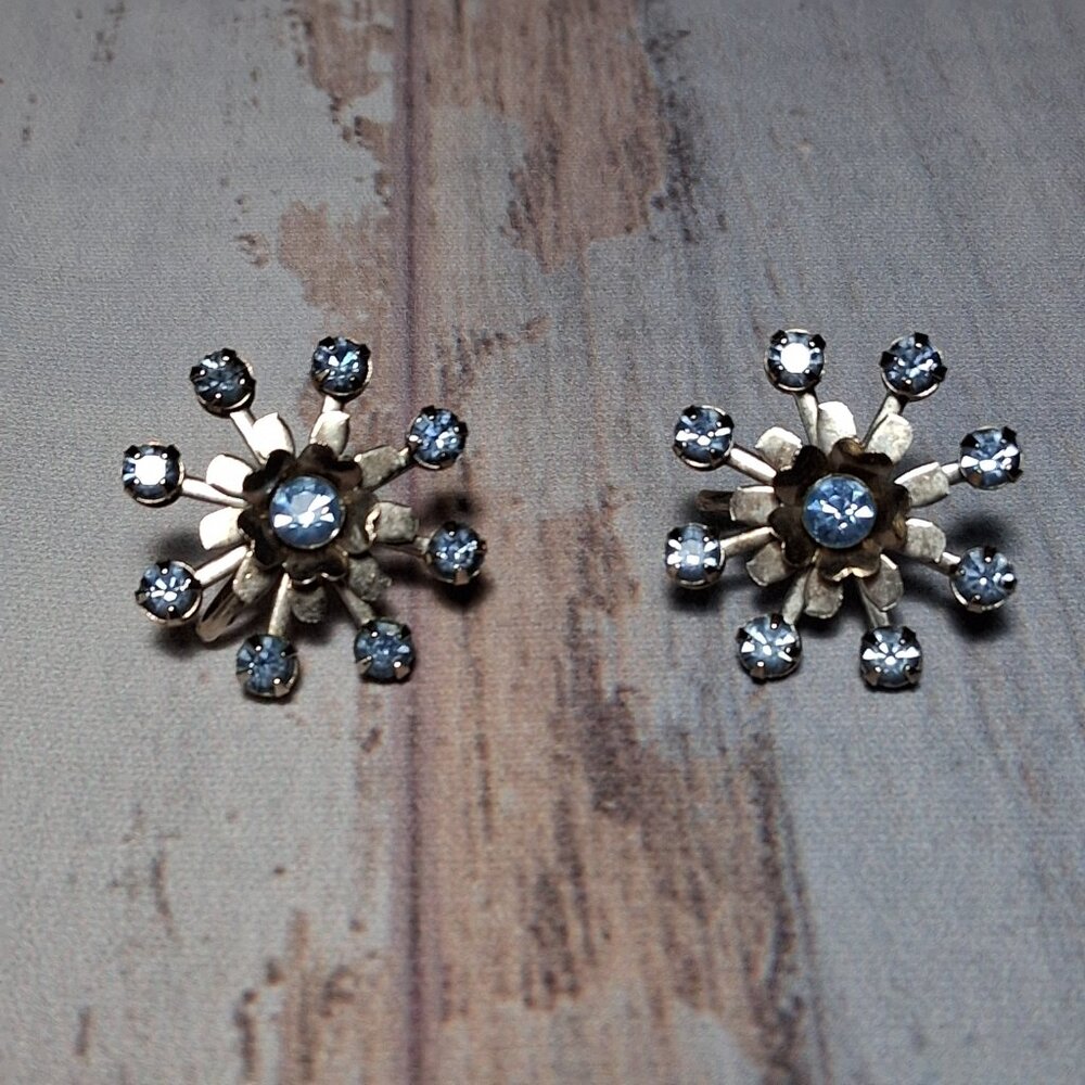 Vintage Blue Rhinestone Starburst Snowflake Screw Back Earrings
